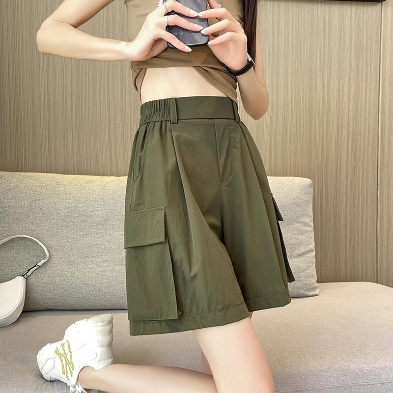 99287-35军绿色工装a字短裤大码女胖mm遮肚显瘦梨型身材五分裤薄