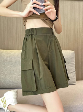 99287-35军绿色工装a字短裤大码女胖mm遮肚显瘦梨型身材五分裤薄