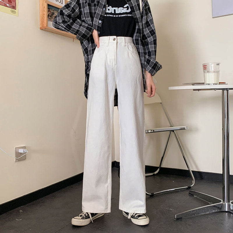 9856-036米白色大码直筒牛仔裤高腰宽松阔腿胖mm穿搭遮胯显瘦裤子