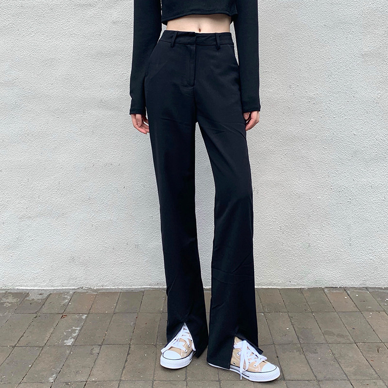 9389-040开叉阔腿裤女高腰垂感休闲大码胖mm穿搭西装裤子直筒宽松