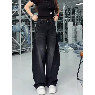 大码黑色弯刀牛仔裤子女胖mm显瘦