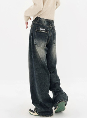 77121-042高腰阔腿牛仔裤大码女胖mm显瘦梨型身材痞帅炸街拖地裤