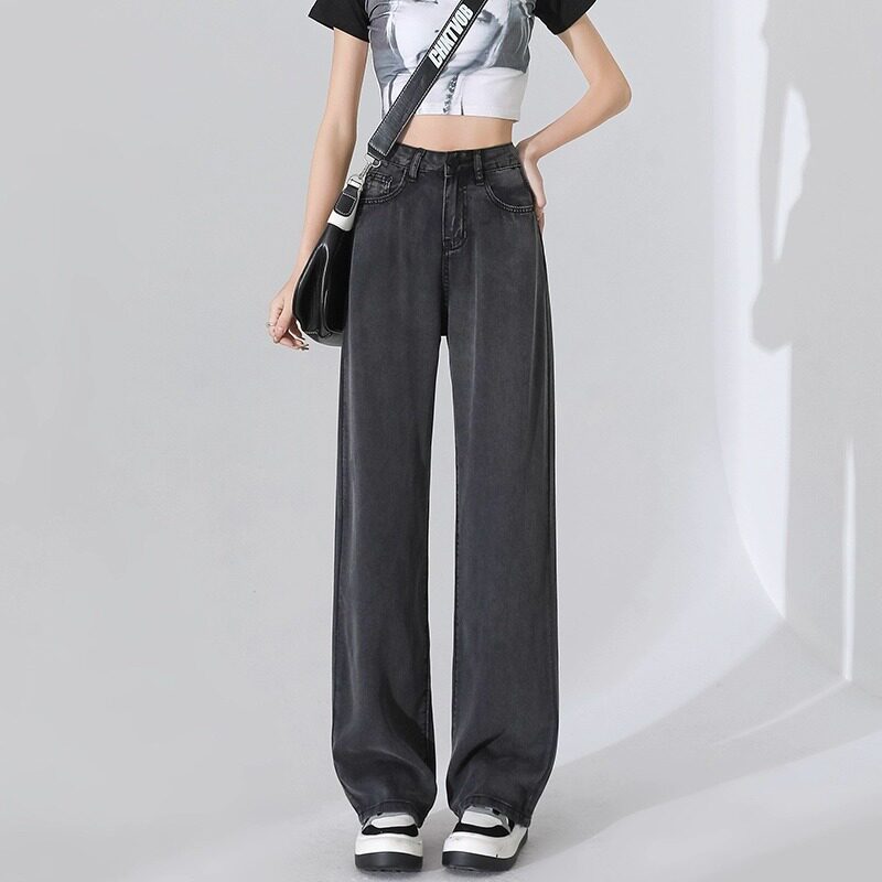 77180-045天丝牛仔裤子女胖mm大码显瘦梨型身材冰丝阔腿裤夏薄款