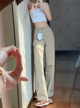 77099-038卡其色高腰直筒牛仔裤大码女胖mm梨型身材显瘦阔腿裤子