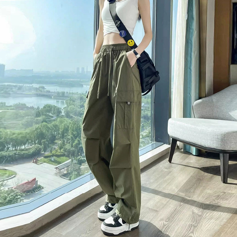 99186-045军绿色束脚工装裤大码女梨型身材胖mm显瘦高腰休闲裤子