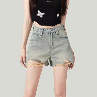 77089-32毛边牛仔短裤大码女胖mm遮肚子显瘦a字梨型身材高腰阔腿