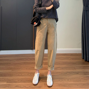 99112-042纯棉休闲裤大码胖mm梨型身材遮胯显瘦九分工装裤小个子