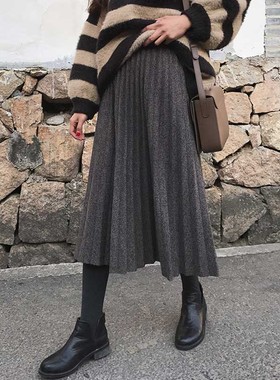 99048-040大码毛呢宽松A字百褶半身裙微胖mm穿搭遮肚子遮胯显瘦