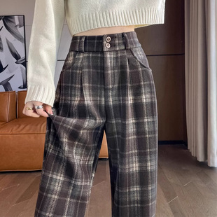 99253-52美拉德穿搭棕色格子毛呢阔腿裤子女胖mm大码显瘦加绒秋冬