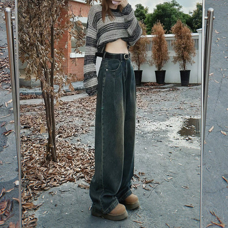 77155-041水泥灰阔腿牛仔裤大码女胖mm遮胯显瘦梨形高腰直筒裤子