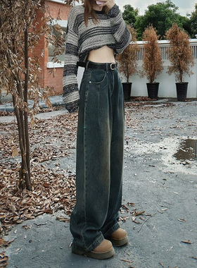 77155-041水泥灰阔腿牛仔裤大码女胖mm遮胯显瘦梨形高腰直筒裤子