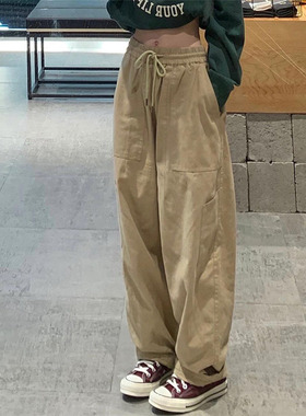 99130-038宽松直筒纯棉工装休闲裤大码胖mm遮胯遮肉显瘦梨型身材