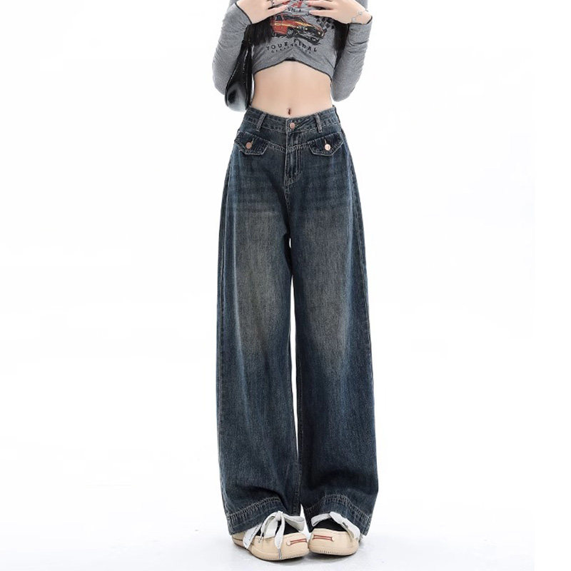 77136-42慵懒松弛感阔腿牛仔裤子女胖mm大码显瘦梨型身材工装裤子