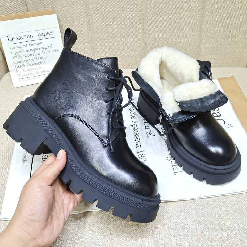 2025冬季高跟短靴女真皮保暖羊毛一体雪地靴厚底粗跟马丁靴女靴子