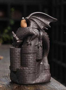 陶跨境砂翼龙FVG倒流香炉 紫创意瓷城翼龙倒流烟香薰堡炉摆件工艺