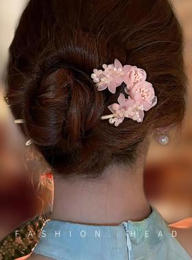 新中式u头型发女簪头饰古风花朵珠发饰盘发半珍扎19747发饰簪子女