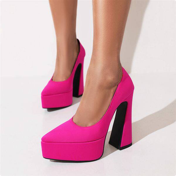 14cm超高粗跟玫红黑色女士鞋民族风婚鞋职场百搭沙丁布透气尖头鞋