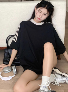 品牌小红书推荐夏季纯棉短袖女三条杠t恤宽松休闲百搭显瘦上衣潮