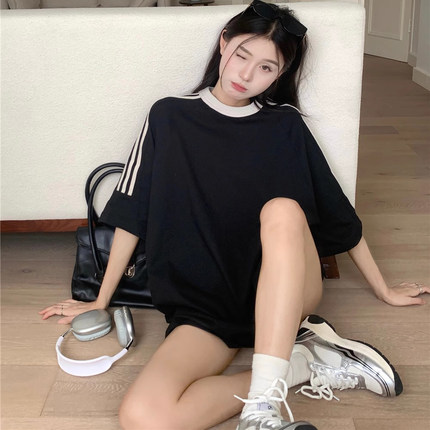 品牌小红书推荐夏季纯棉短袖女三条杠t恤宽松休闲百搭显瘦上衣潮