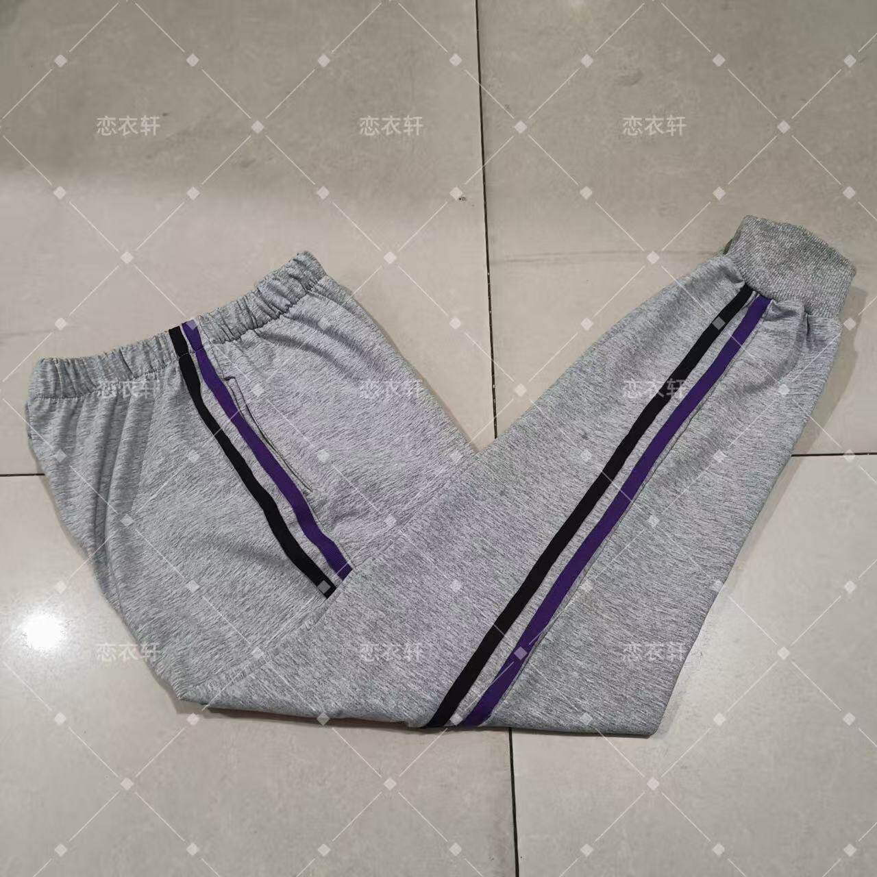 纯棉中高小学生校服裤子浅灰色贴深紫黑条束口休闲运动裤中性款