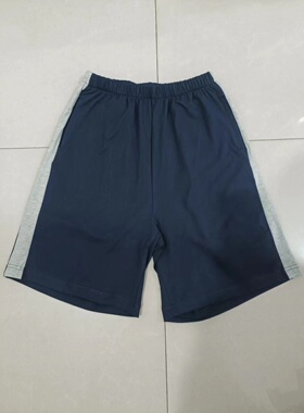 中高小学生藏蓝色拼浅灰宽杠纯棉短裤夏季薄款宽松休闲运动五分裤