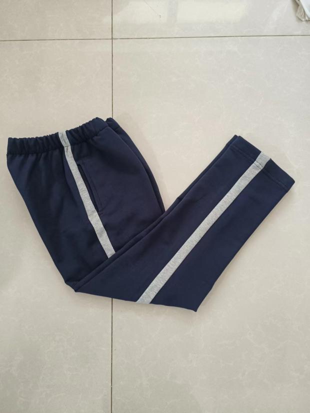 订做纯棉中小学生男女校服长裤深藏蓝色拼2厘米浅灰宽杠运动校裤
