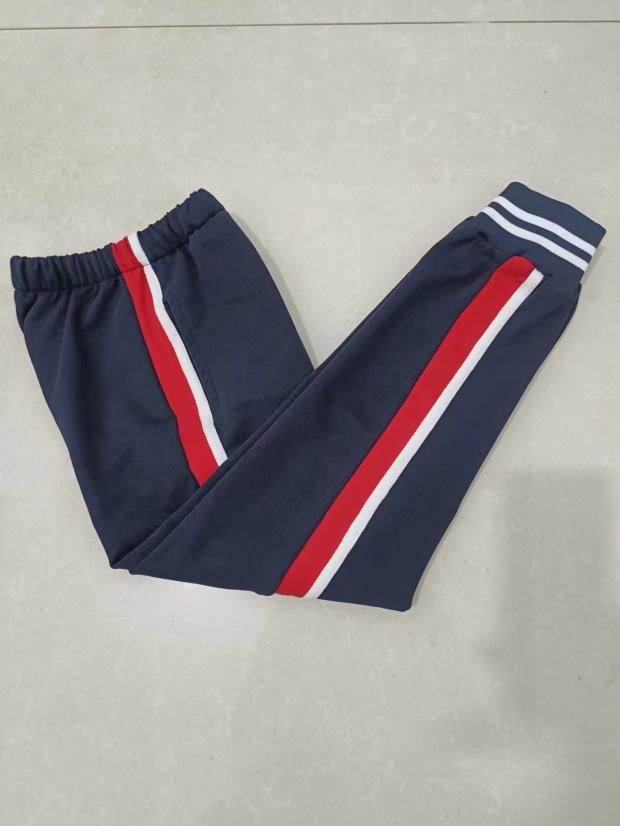 订做中小学生纯棉校服裤深藏蓝色拼大红宽杠贴一根白条束口长裤