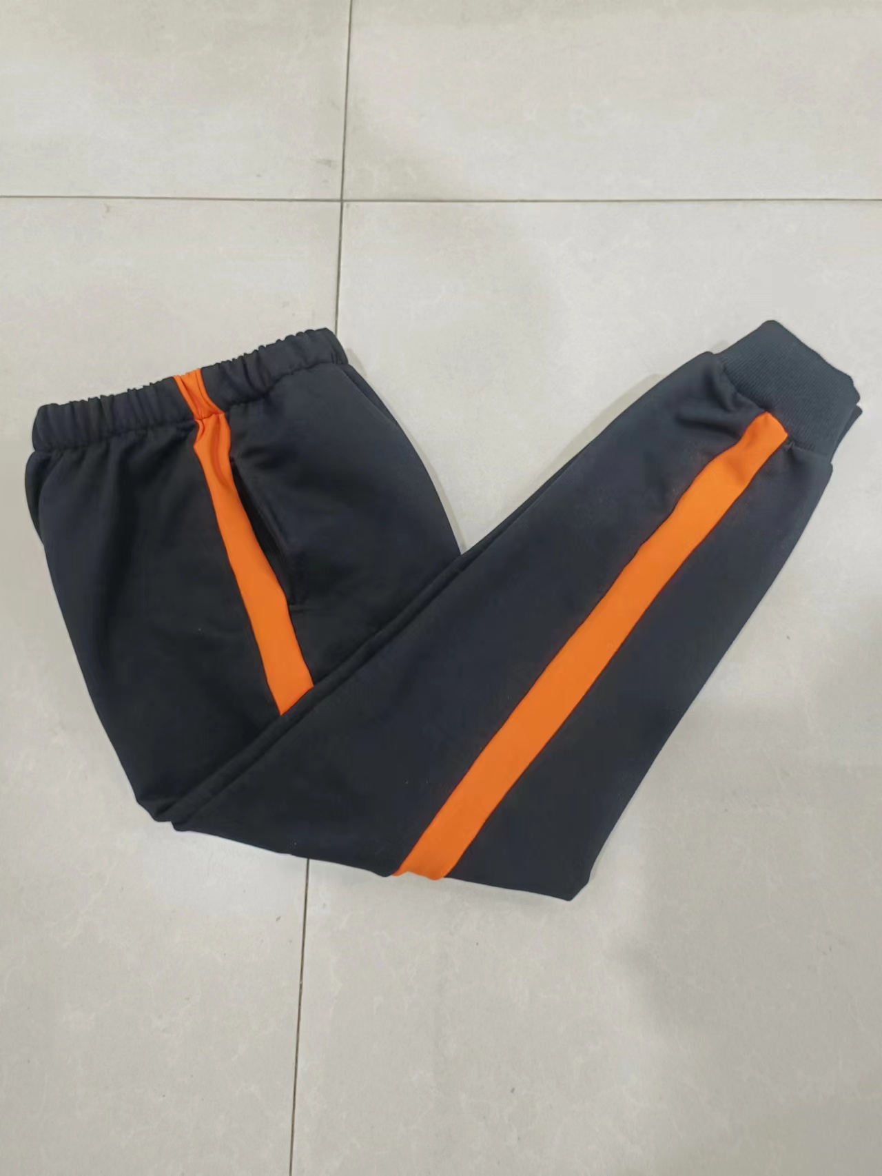 可定制中小学生纯棉校服裤黑色拼橘色宽杠束口休闲运动裤中性校裤