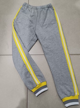 北师大纯棉学生校服长裤浅灰色拼黄色宽杠加一白条束口运动校裤