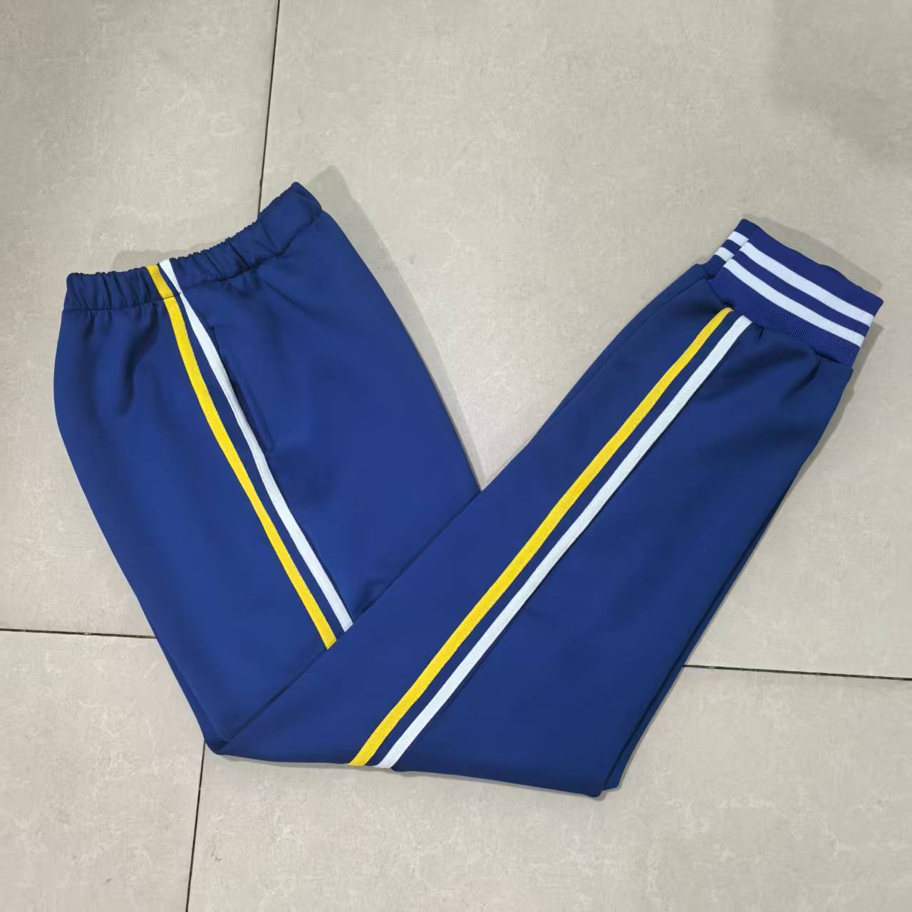 中高小学生男女校服长裤宝蓝色南韩丝贴白黄条加宝蓝条纹束口校裤