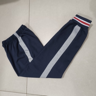 订做纯棉中小学生男女校服裤 深藏蓝色拼浅灰宽杠加白红白口运动裤