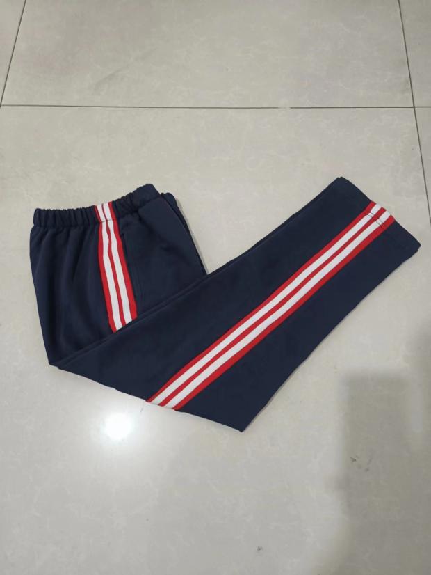 可订新款中小学生四季藏蓝色红宽杠压2根白条运动款校服裤子中性