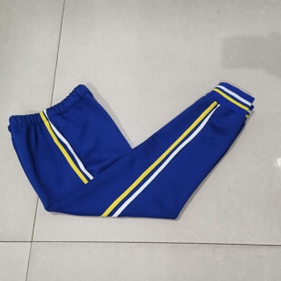 春秋款中小学生男女校服长裤宝蓝色南韩丝贴白黄条运动校裤子可定