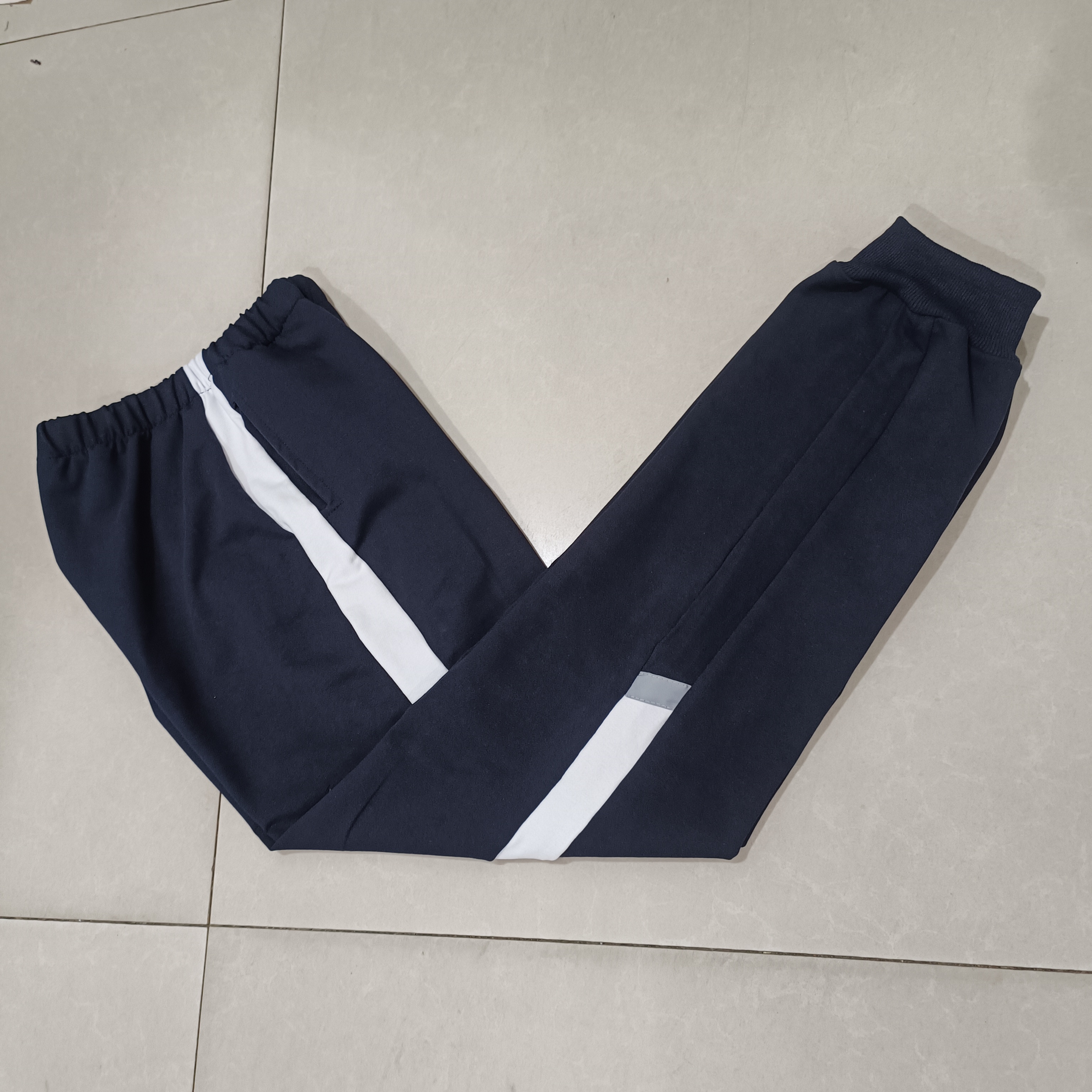 学校同款纯棉校服裤子藏蓝拼白色宽杠贴反光条束口运动中性款可定