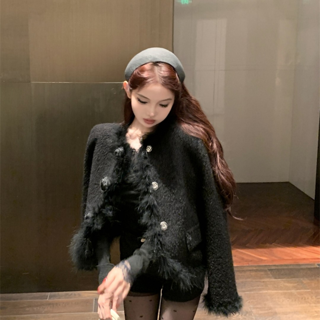 实拍实价 黑色短款小香风 毛毛拼接羊圈呢高级感名媛上衣毛呢外套