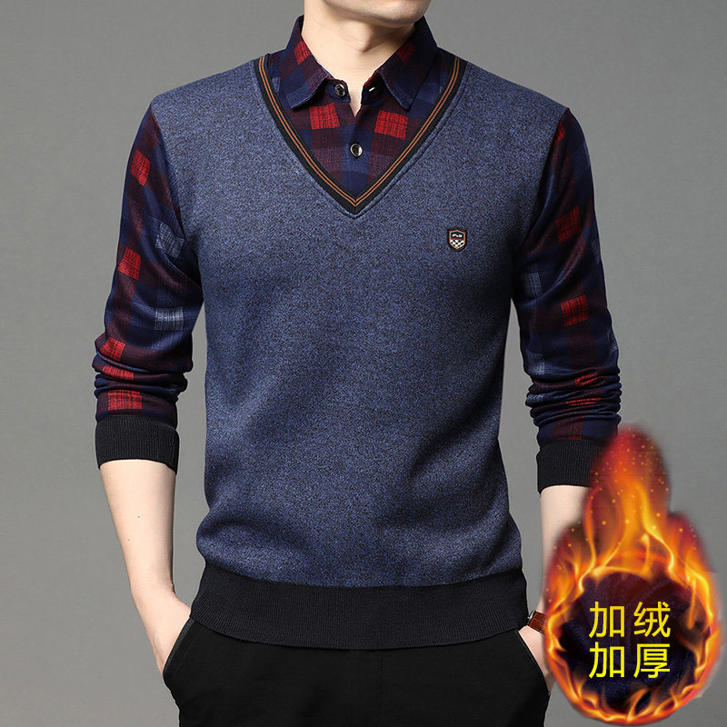 2020 Autumn and winter new pattern False two man Shirt collar Plush thickening leisure time Self cultivation Primer Sweaterin the Men's clothing, Knitwear/Sweaters  category - from Buy2taobao.com to provide professional Taobao agent buy service