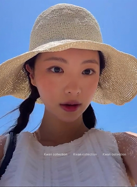 KWAN大檐草帽女夏季海边度假遮阳帽大头围可折叠显脸小草编渔夫帽