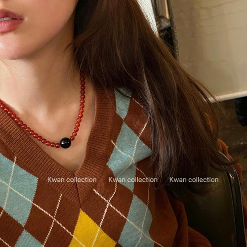 韩国小众简约黑红玛瑙石串珠项链