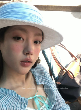 KWAN韩版平顶编织绑带草帽女优雅百搭白色礼帽海边度假遮阳帽子