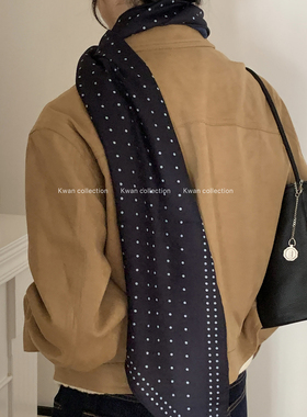 KWAN法式复古深蓝色波点丝巾女秋季新款ins高级感百搭长款丝巾