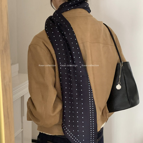 法式复古深蓝色波点丝巾秋季新款