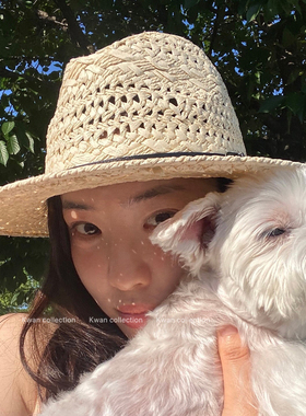 KWAN法式镂空编织草帽大帽檐爵士帽巴拿马礼帽度假出游遮阳帽子女