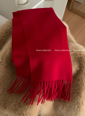 KWAN新年红色纯羊毛围巾女2025新款韩版ins秋冬保暖流苏围脖披肩