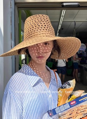 KWAN韩版镂空透气大檐草帽子女夏季ins海边度假沙滩遮阳编织礼帽