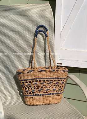 KWAN韩版复古蓝撞色草编包菜篮子海边度假大容量托特包单肩包新款