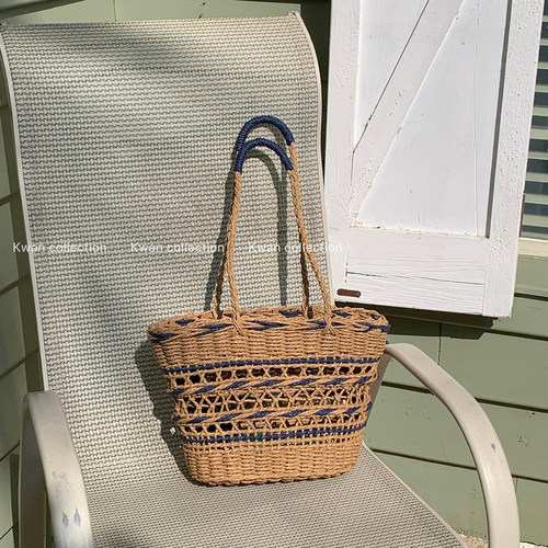 韩版复古蓝撞色镂空草编包大容量