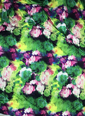 牛奶丝布料印花 绿色花连衣裙舞蹈裙拉丁舞四面弹面料 服装T恤DIY