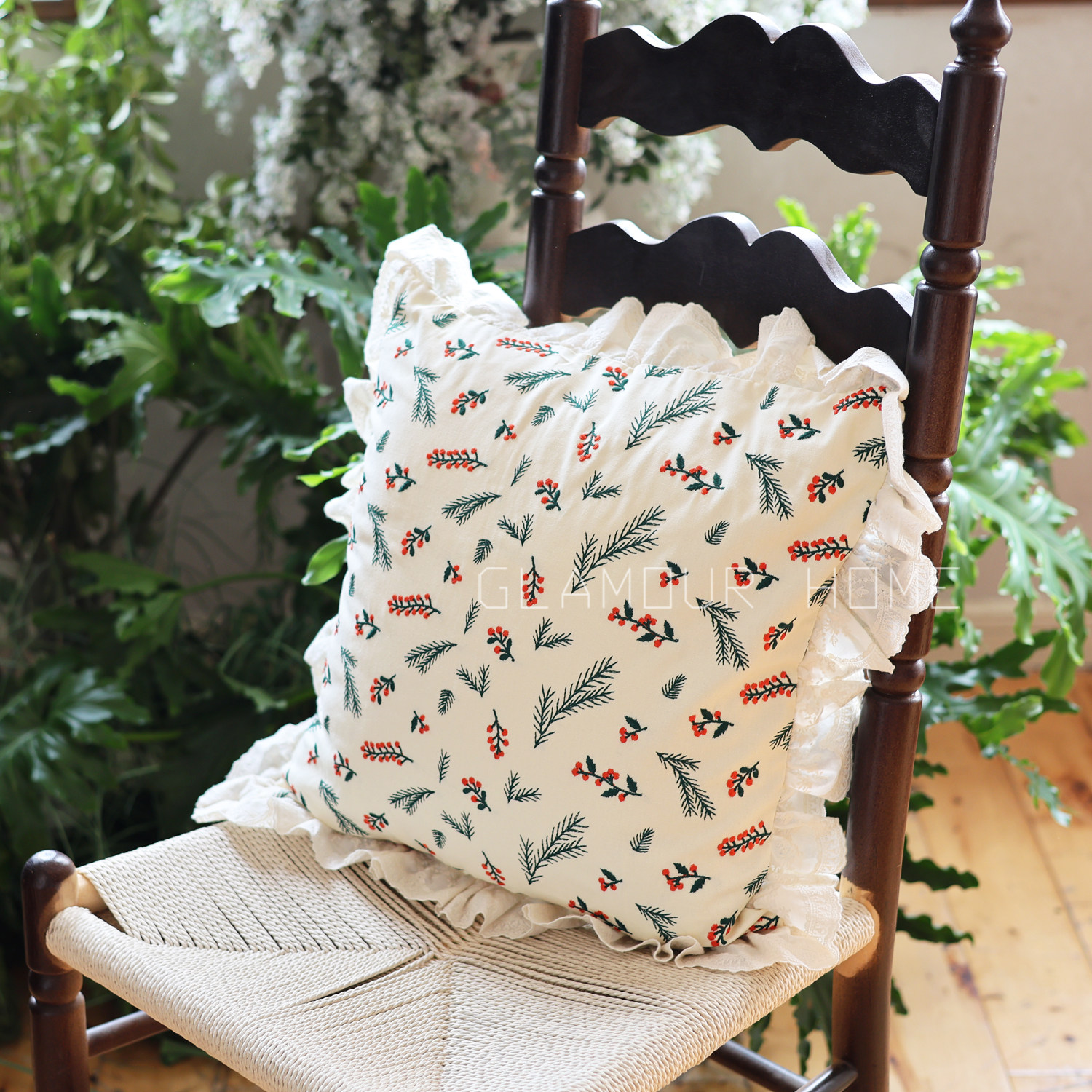 圣诞节纯棉双面刺绣抱枕带花边田园风法式靠枕腰枕民宿氛围感