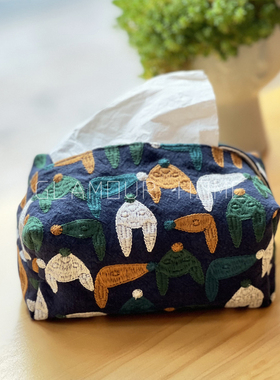 重工刺绣餐巾袋卡通绣花棉麻小狐狸布艺纸巾盒车载抽纸袋纸巾包