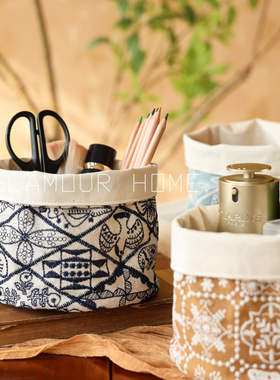 重工刺绣桌面收纳桶布艺杂物收纳筐桌面玄关钥匙化妆刷笔筒